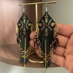 Dark Green Beaded Fringe Earrings